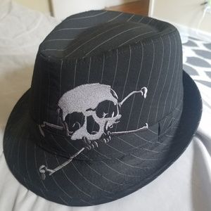 Black pinstripe fedora with a skull and crossbones